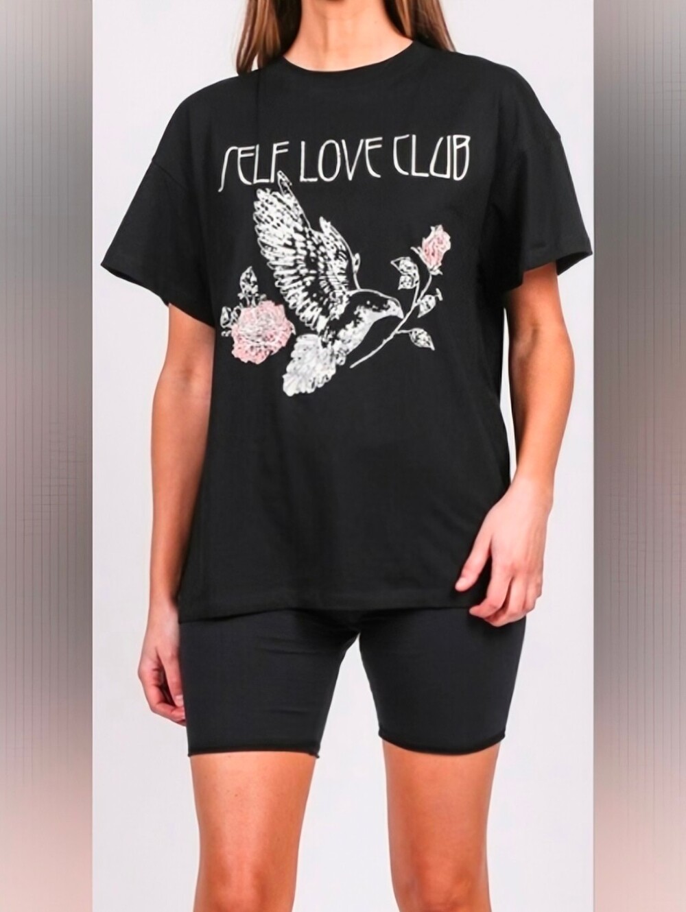 Nwt Brunette The Label Self Love Club Black Graphic Tee with Bird & Roses XS/S